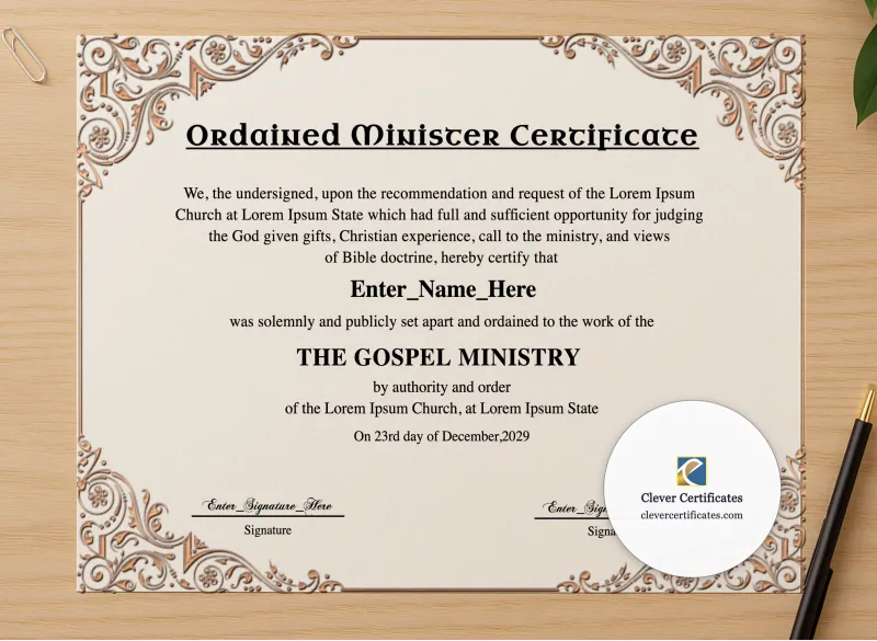Professional preview of Minister Ordination Certificate Landscape certificate on high-quality stationery paper, ideal for showcasing the final look.