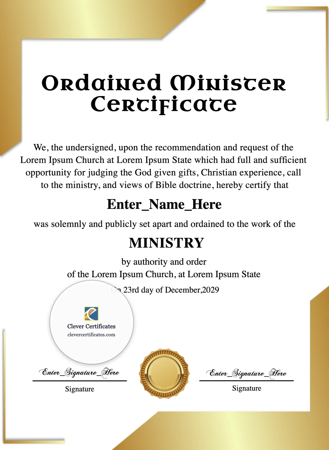 Minister Ordination Certificate Portrait — Certificate Template Preview