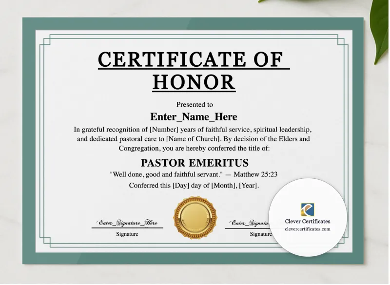 Pastor Emeritus Certificate Landscape presented in a sleek wooden frame, elegantly arranged on a stylish table.