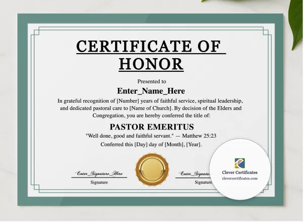 Pastor Emeritus Certificate Landscape presented in a sleek wooden frame, elegantly arranged on a stylish table.