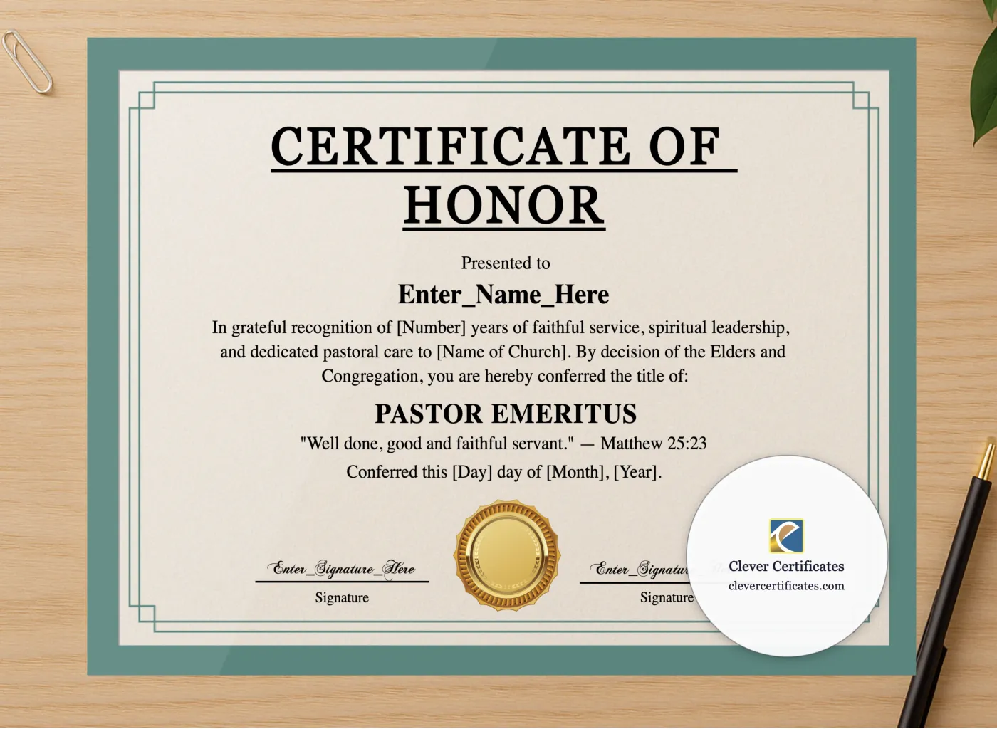 Professional preview of Pastor Emeritus Certificate Landscape certificate on high-quality stationery paper, ideal for showcasing the final look.