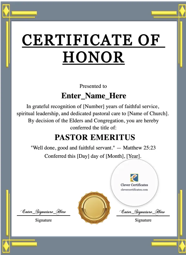 Pastor Emeritus Certificate Portrait — Certificate Template Preview