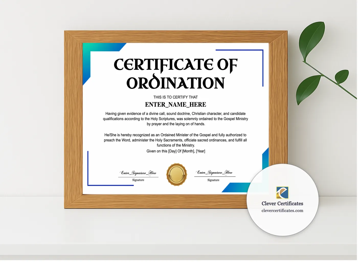 Realistic mockup featuring Pentecostal Ordination Certificate Landscape displayed within a modern frame, set against a minimalistic background.