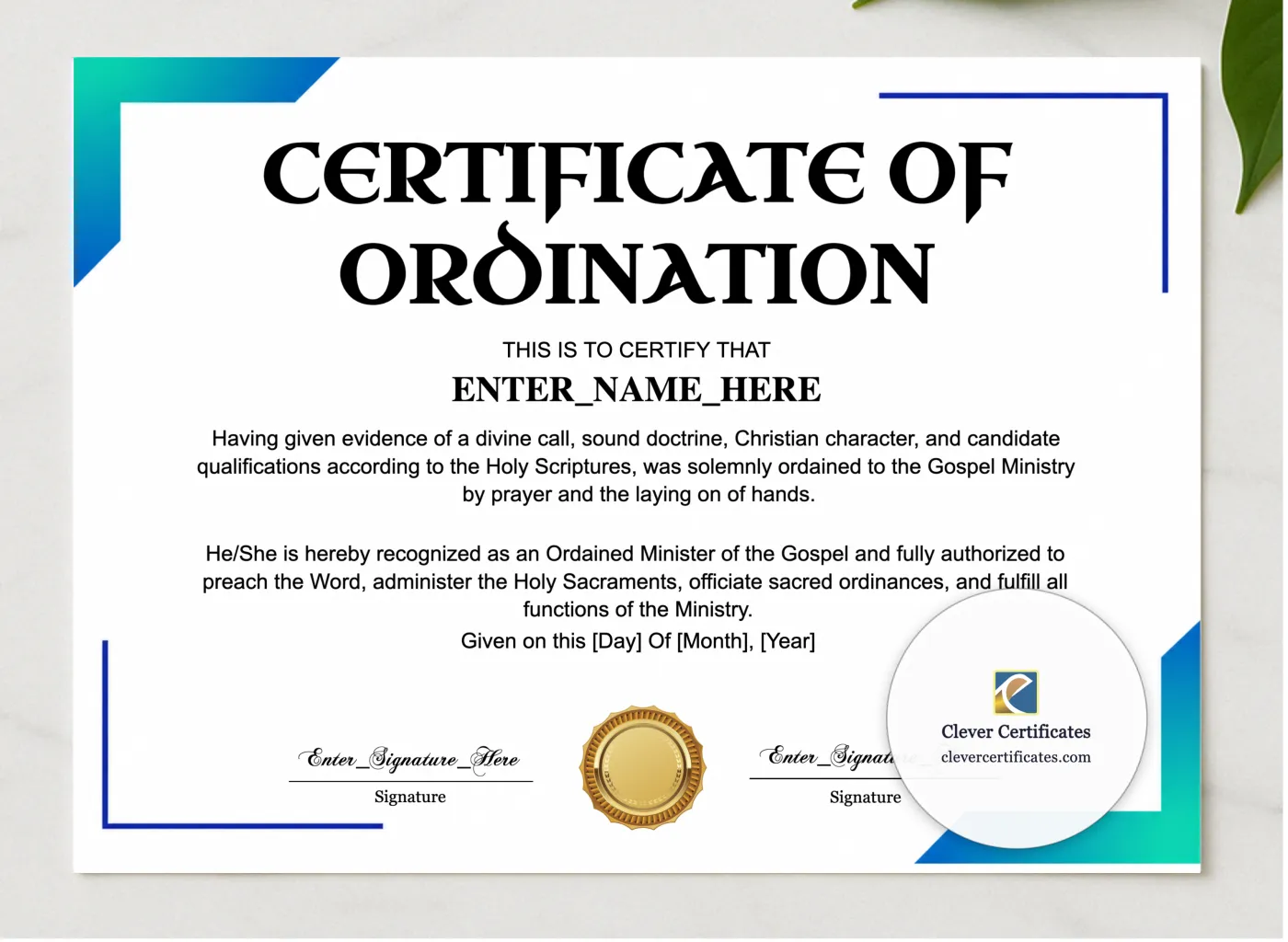 Pentecostal Ordination Certificate Landscape presented in a sleek wooden frame, elegantly arranged on a stylish table.