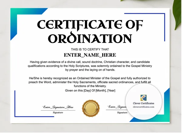 Pentecostal Ordination Certificate Landscape presented in a sleek wooden frame, elegantly arranged on a stylish table.