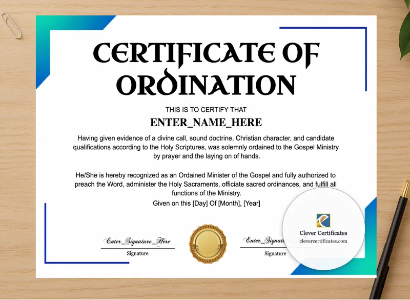 Professional preview of Pentecostal Ordination Certificate Landscape certificate on high-quality stationery paper, ideal for showcasing the final look.