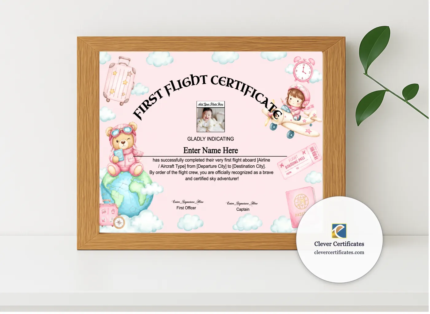 Realistic mockup featuring First Time Flyer Certificate Landscape displayed within a modern frame, set against a minimalistic background.