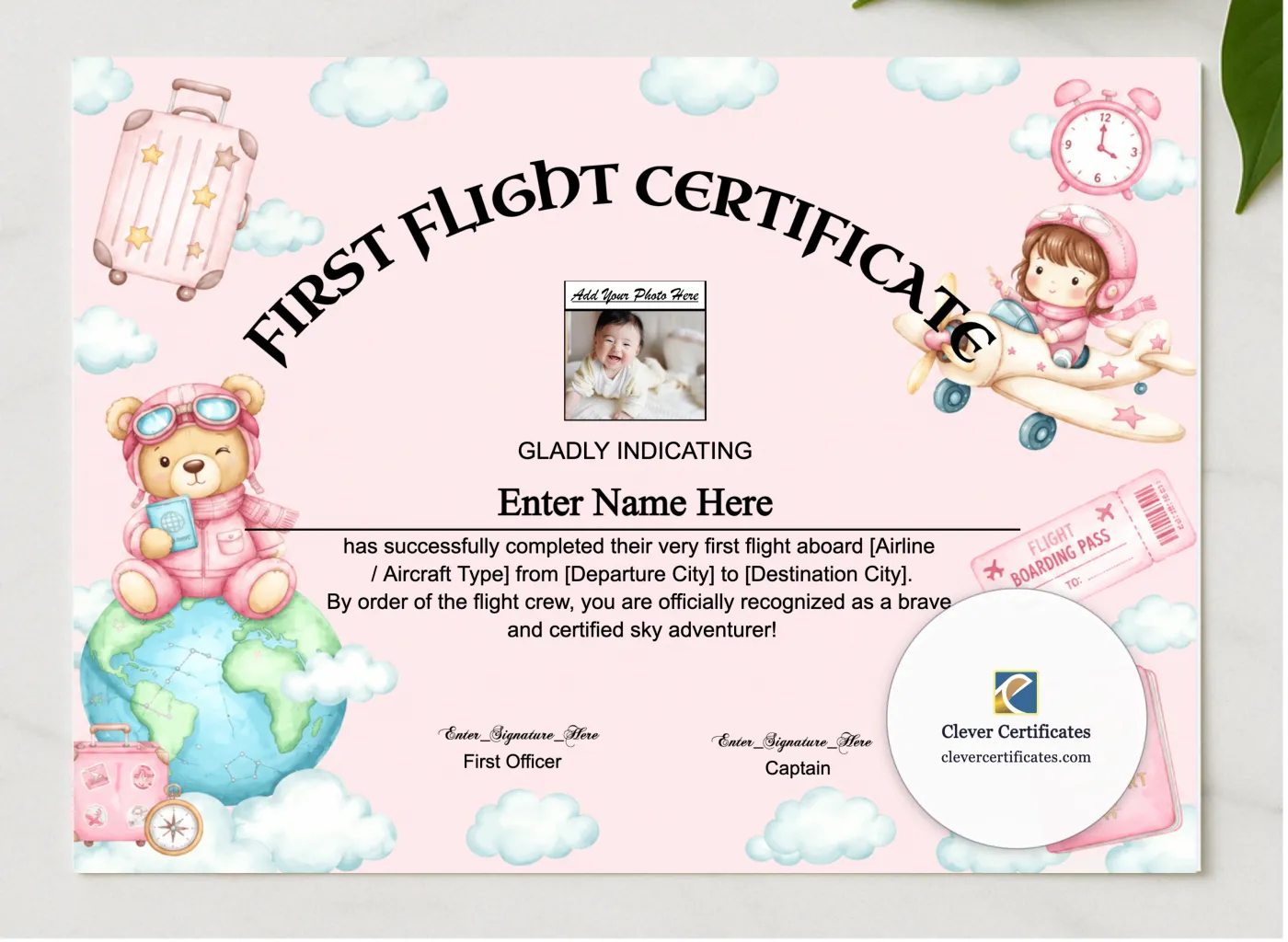 First Time Flyer Certificate Landscape presented in a sleek wooden frame, elegantly arranged on a stylish table.