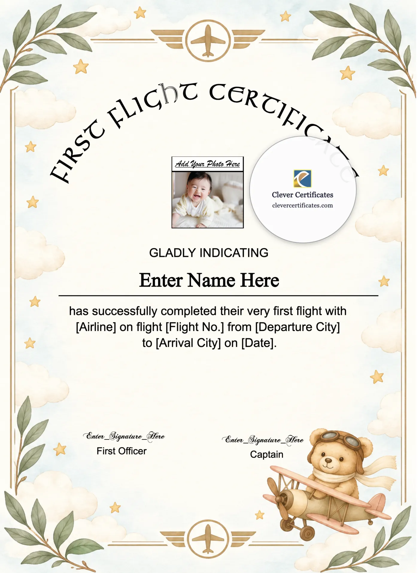 First Time Flyer Certificate Portrait — Certificate Template Preview