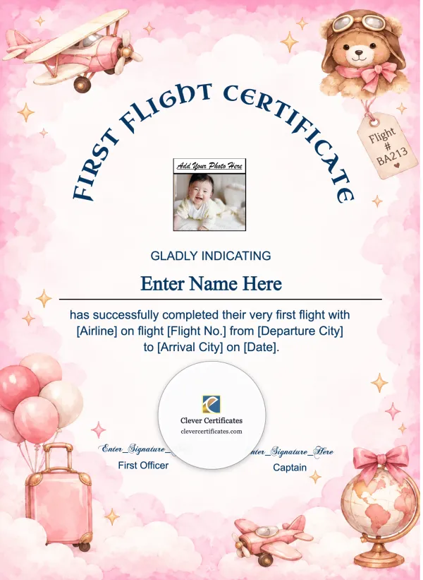 Baby Girl First Flight Certificate Portrait — Certificate Template Preview