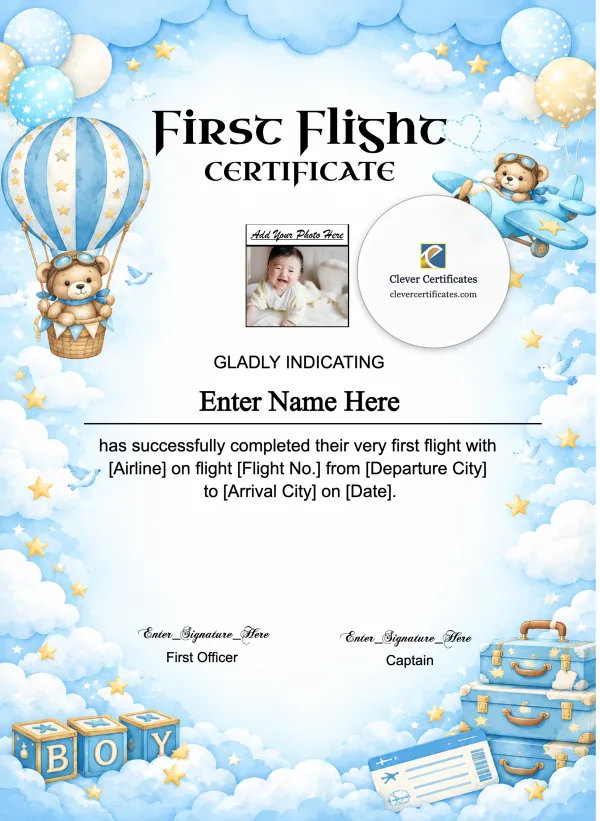 Baby Boy First Flight Certificate Portrait — Certificate Template Preview