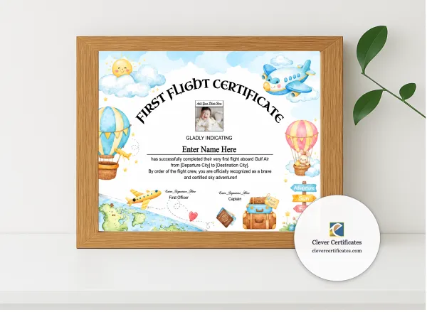Realistic mockup featuring Gulf Air Baby First Flight Certificate Landscape displayed within a modern frame, set against a minimalistic background.