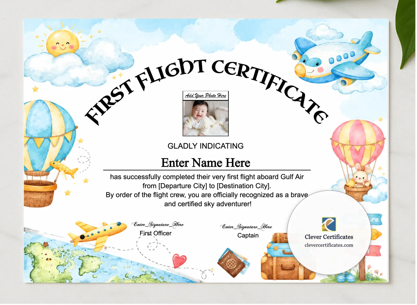 Gulf Air Baby First Flight Certificate Landscape presented in a sleek wooden frame, elegantly arranged on a stylish table.