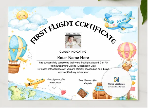 Gulf Air Baby First Flight Certificate Landscape presented in a sleek wooden frame, elegantly arranged on a stylish table.