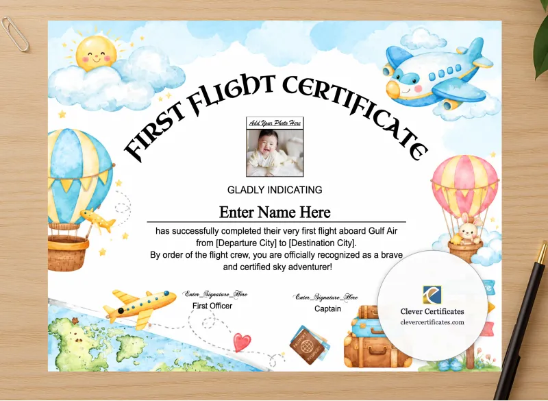 Professional preview of Gulf Air Baby First Flight Certificate Landscape certificate on high-quality stationery paper, ideal for showcasing the final look.