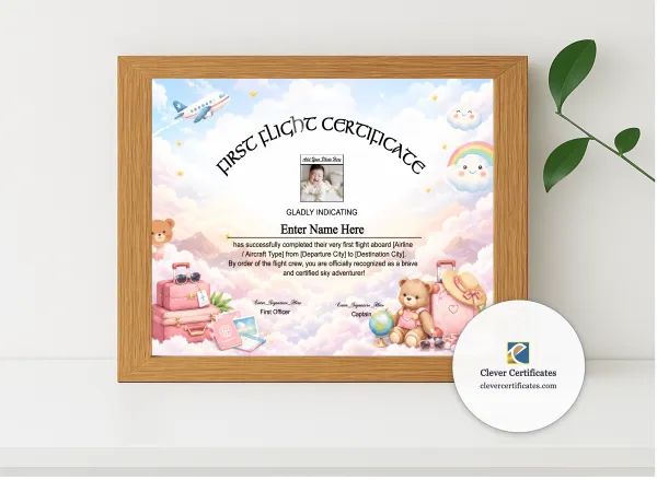 Realistic mockup featuring Kids First International Flight Certificate displayed within a modern frame, set against a minimalistic background.