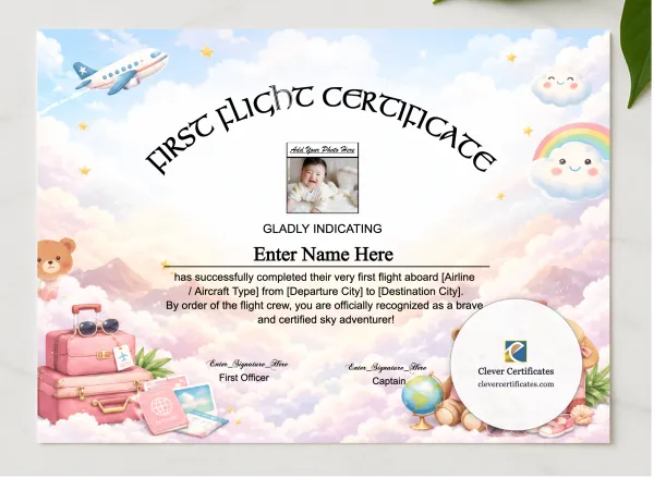 Kids First International Flight Certificate presented in a sleek wooden frame, elegantly arranged on a stylish table.