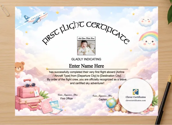 Professional preview of Kids First International Flight Certificate certificate on high-quality stationery paper, ideal for showcasing the final look.