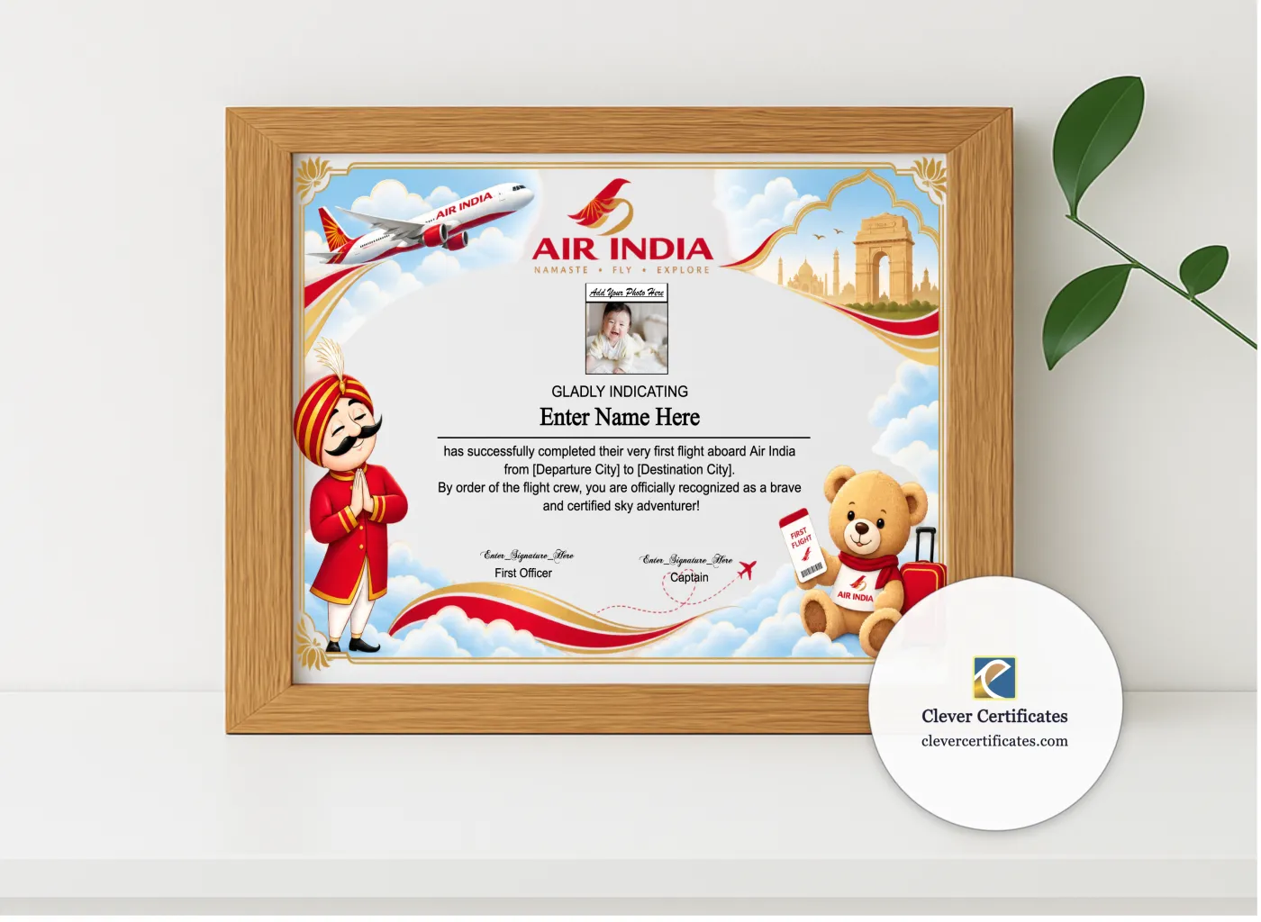 Realistic mockup featuring Air India First Flight Certificate With Photo displayed within a modern frame, set against a minimalistic background.