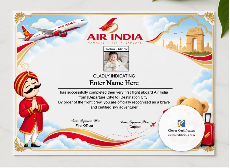 Air India First Flight Certificate With Photo presented in a sleek wooden frame, elegantly arranged on a stylish table.