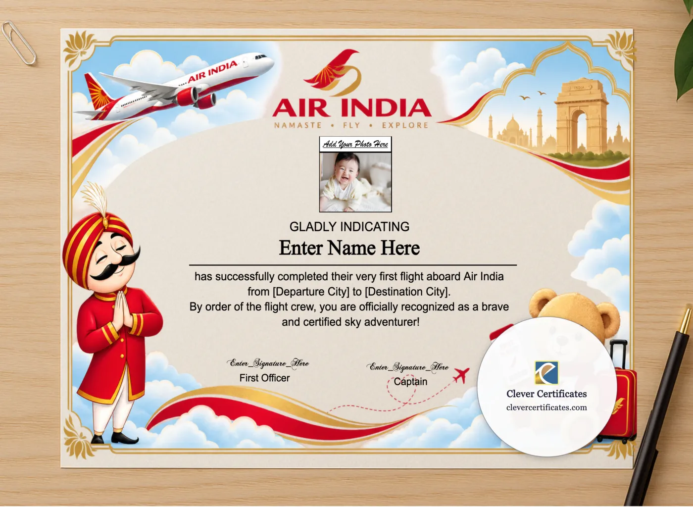 Professional preview of Air India First Flight Certificate With Photo certificate on high-quality stationery paper, ideal for showcasing the final look.