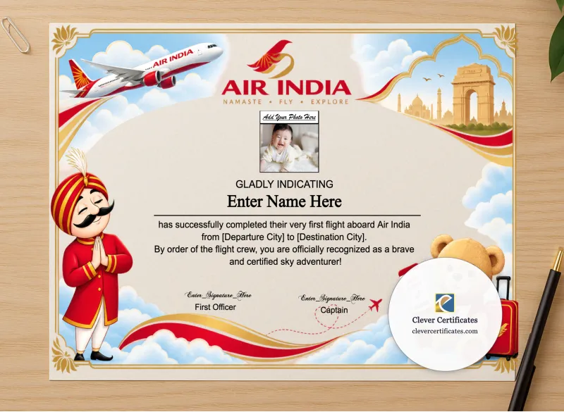 Professional preview of Air India First Flight Certificate With Photo certificate on high-quality stationery paper, ideal for showcasing the final look.