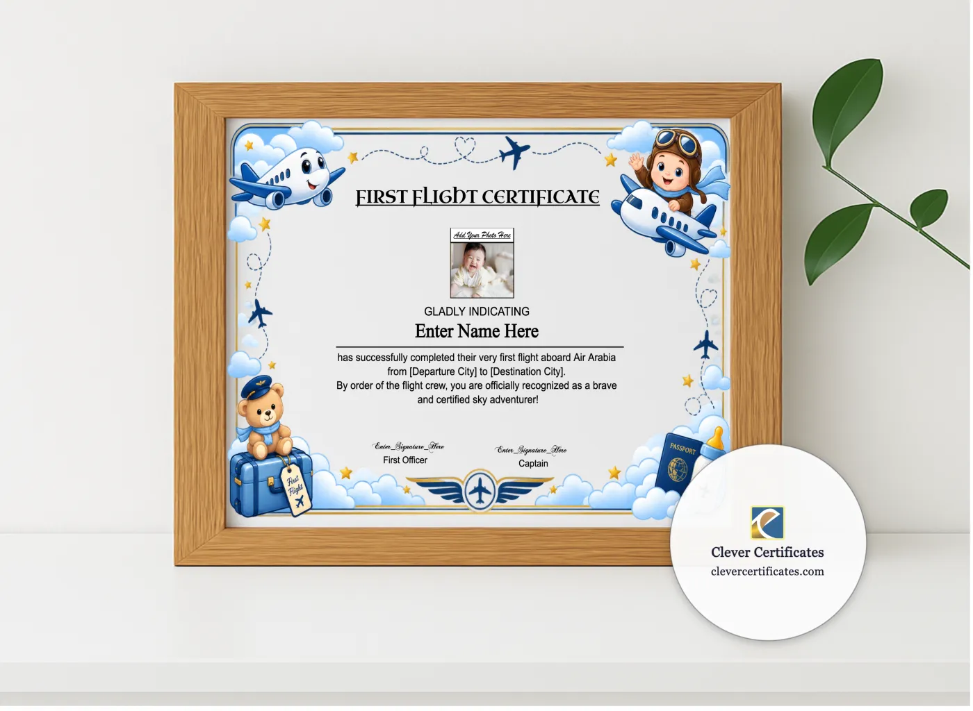 Realistic mockup featuring Air Arabia First Flight Certificate With Photo displayed within a modern frame, set against a minimalistic background.