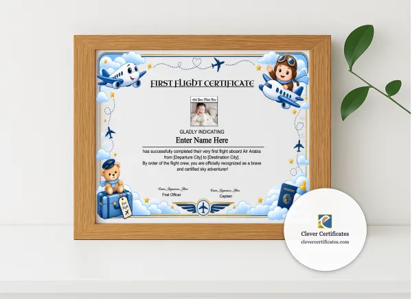 Realistic mockup featuring Air Arabia First Flight Certificate With Photo displayed within a modern frame, set against a minimalistic background.