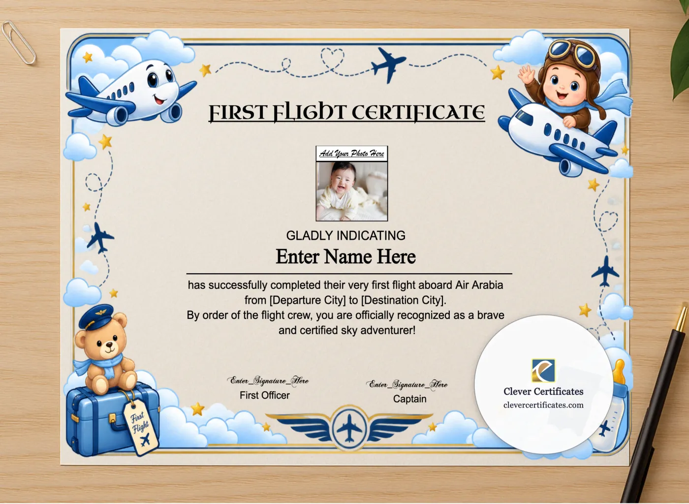 Professional preview of Air Arabia First Flight Certificate With Photo certificate on high-quality stationery paper, ideal for showcasing the final look.