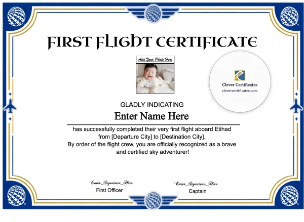 Free Etihad First Flight Certificate With Photo