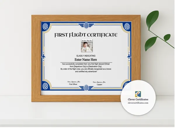 Realistic mockup featuring Etihad First Flight Certificate With Photo displayed within a modern frame, set against a minimalistic background.