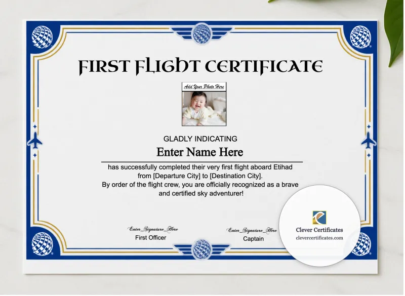 Etihad First Flight Certificate With Photo presented in a sleek wooden frame, elegantly arranged on a stylish table.