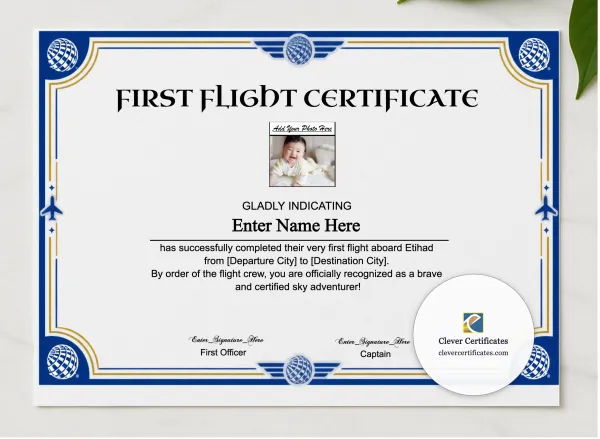 Etihad First Flight Certificate With Photo presented in a sleek wooden frame, elegantly arranged on a stylish table.