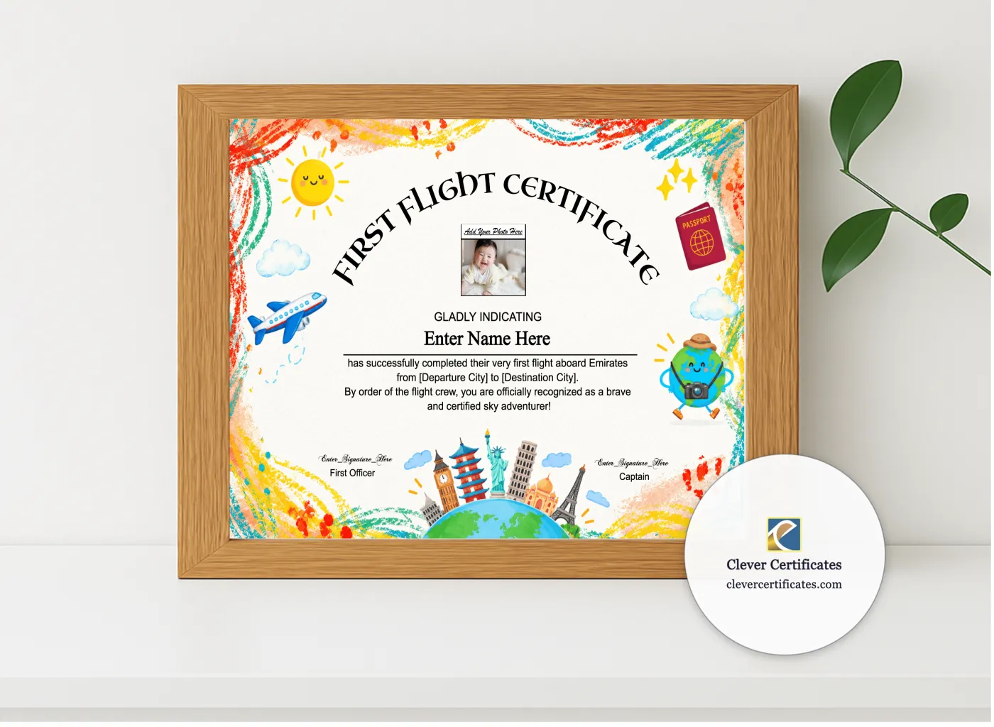 Realistic mockup featuring Emirates Kids First Flight Certificate displayed within a modern frame, set against a minimalistic background.