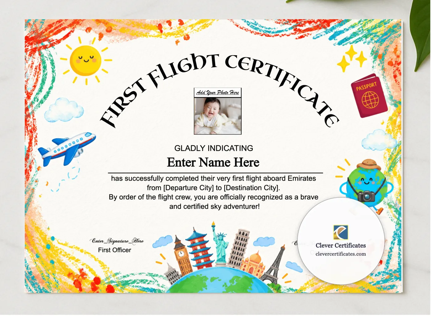 Emirates Kids First Flight Certificate presented in a sleek wooden frame, elegantly arranged on a stylish table.