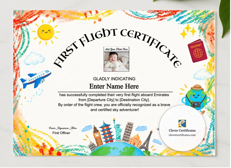 Emirates Kids First Flight Certificate presented in a sleek wooden frame, elegantly arranged on a stylish table.