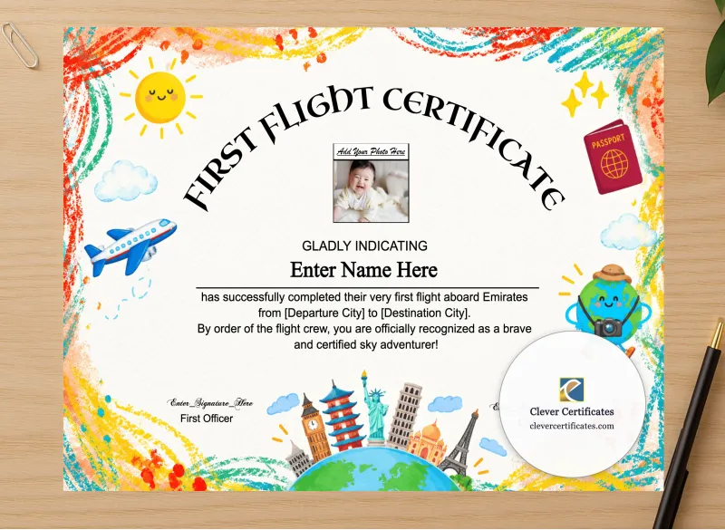 Professional preview of Emirates Kids First Flight Certificate certificate on high-quality stationery paper, ideal for showcasing the final look.