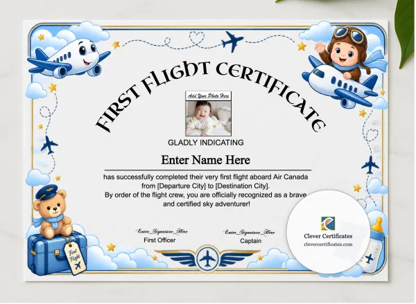 Air Canada First Flight Certificate With Photo presented in a sleek wooden frame, elegantly arranged on a stylish table.
