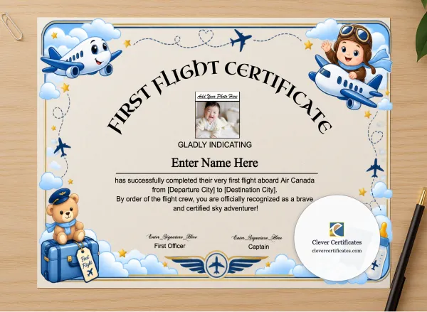 Professional preview of Air Canada First Flight Certificate With Photo certificate on high-quality stationery paper, ideal for showcasing the final look.