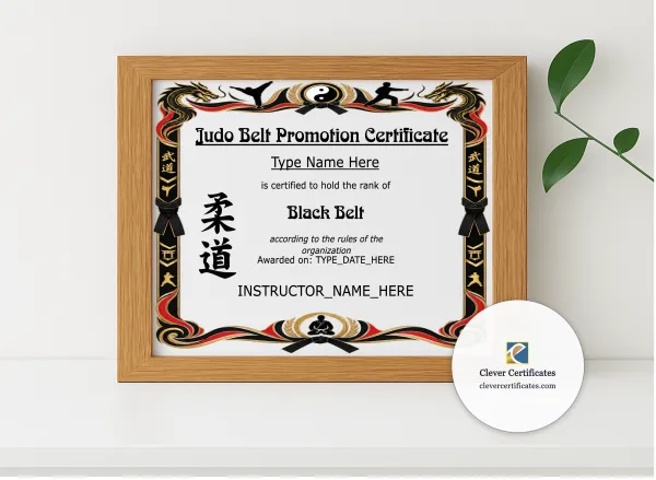 Realistic mockup featuring Judo Belt Promotion Certificate Landscape displayed within a modern frame, set against a minimalistic background.