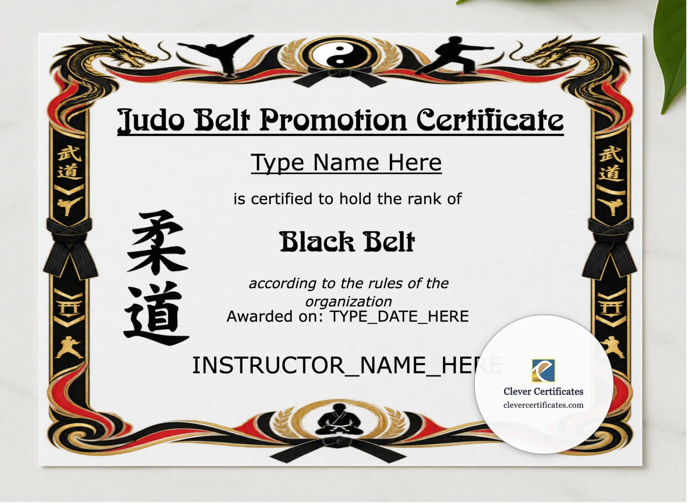 Judo Belt Promotion Certificate Landscape presented in a sleek wooden frame, elegantly arranged on a stylish table.