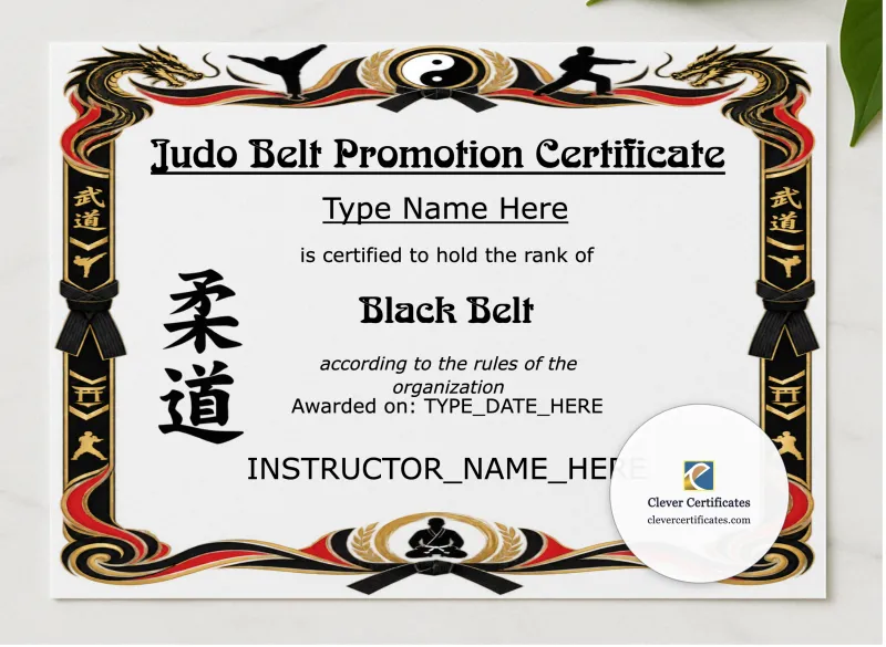 Judo Belt Promotion Certificate Landscape presented in a sleek wooden frame, elegantly arranged on a stylish table.