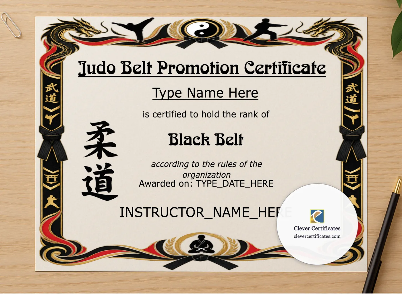 Professional preview of Judo Belt Promotion Certificate Landscape certificate on high-quality stationery paper, ideal for showcasing the final look.