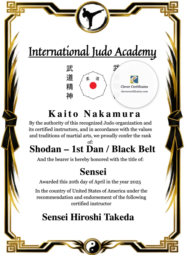 Judo Belt Promotion Certificate Portrait — Certificate Template Preview