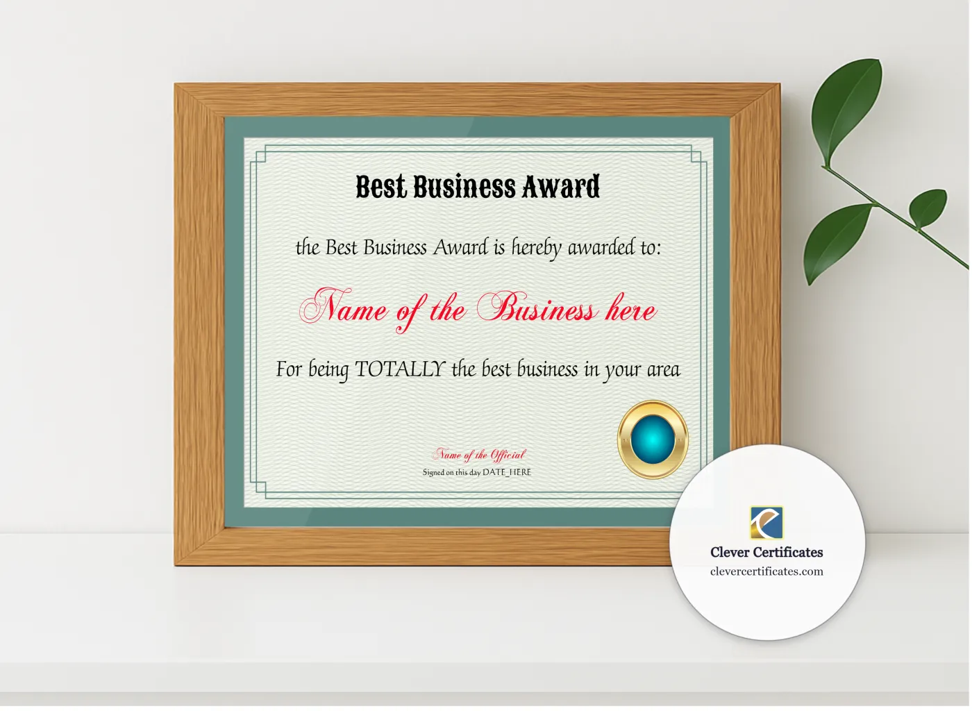 Realistic mockup featuring Best Business Award displayed within a modern frame, set against a minimalistic background.