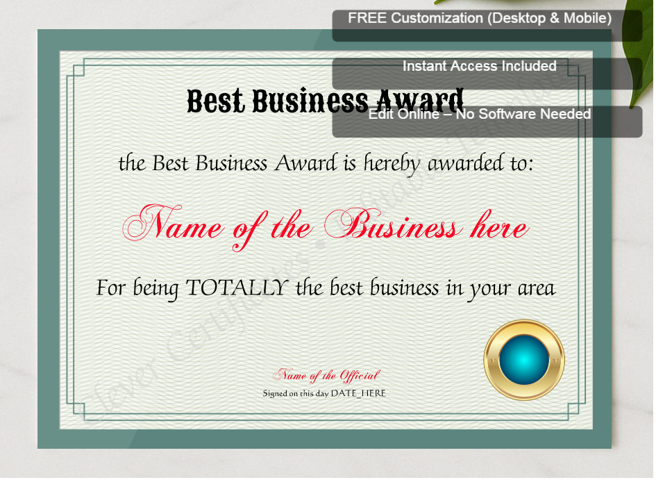Framed preview featuring Free Editor badge stack for Best Business Award