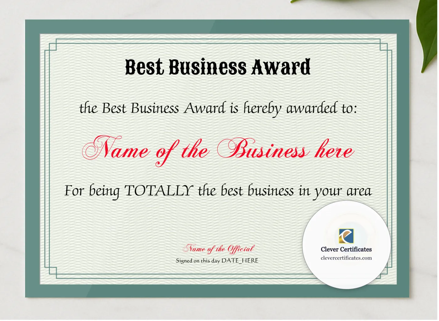 Best Business Award presented in a sleek wooden frame, elegantly arranged on a stylish table.