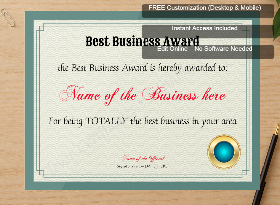 Zoomed preview with Free Editor badge stack for Best Business Award
