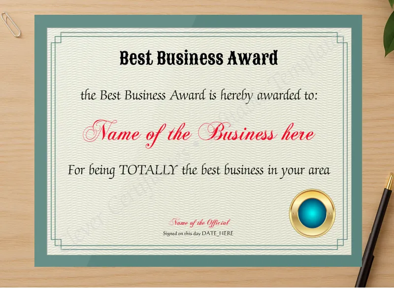 Professional preview of Best Business Award certificate on high-quality stationery paper, ideal for showcasing the final look.