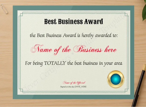 Professional preview of Best Business Award certificate on high-quality stationery paper, ideal for showcasing the final look.